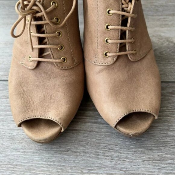 J Crew Peep Toe Lace Up Tan Leather Slingback Wooden Heel Pumps - Picture 4 of 13